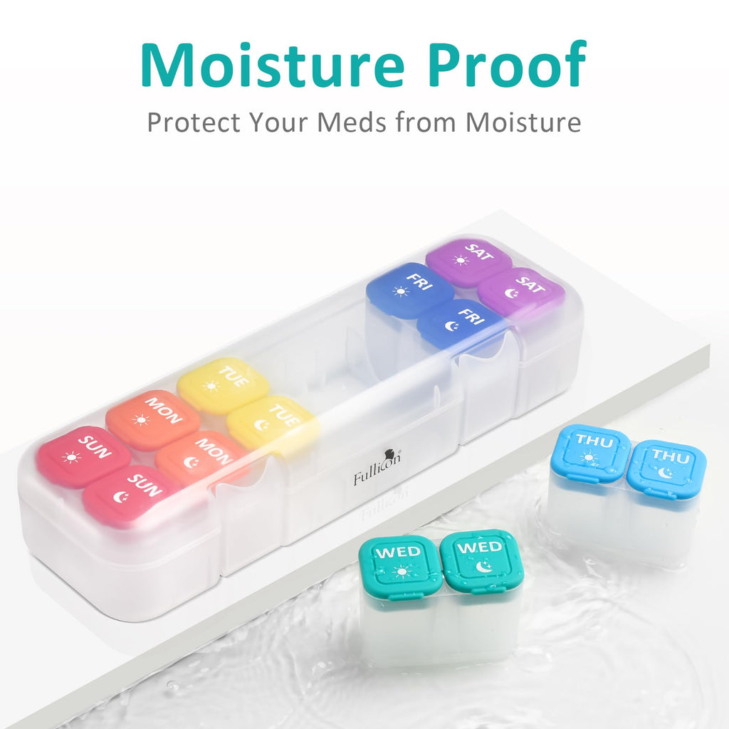 Fullicon Moisture-Proof Pill Organizer 2 Times a Day, Weekly Pill Boxes & Organiser with Silicone Lids, Large Capacity AM PM Pil