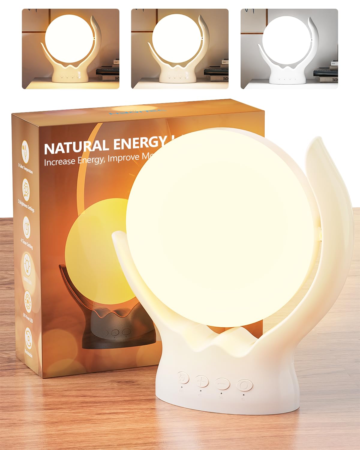 HIBOITEC Light Therapy Lamp, UV-Free 10000 Lux Therapy Light, Rotatable Sunlight Lamp with 3 Color Temperature & 5 Adjustable Br