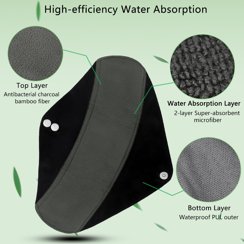 Reusable Bamboo Sanitary Towels Pads, TopDirect 8 Pack Medium & Large (9.06'' & 11.02'') Heavy Flow Night Pads Washable Cloth Me