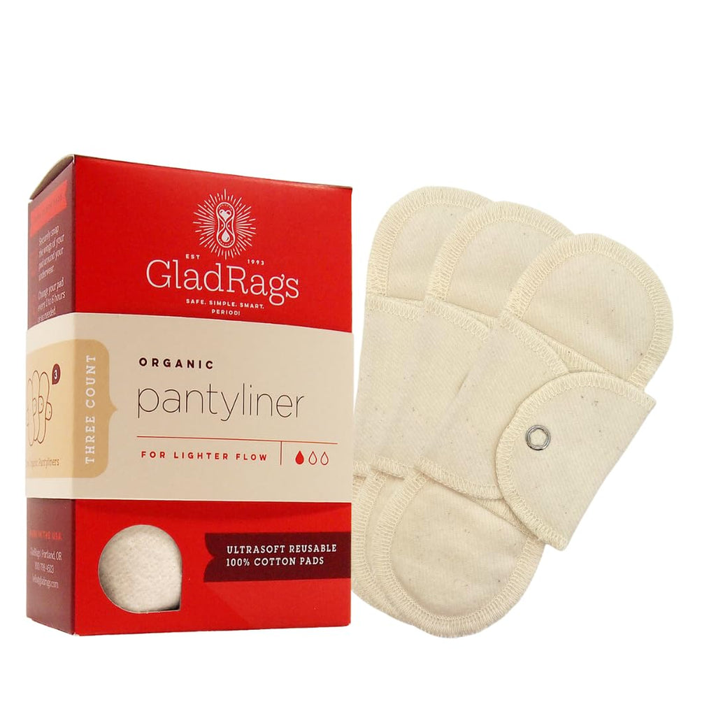 GladRags Natural Organic Undyed Cotton Reusable Pantyliner (3-Pack) - 100% GOTS Certified Organic Menstrual Pad, Washable Pantyl