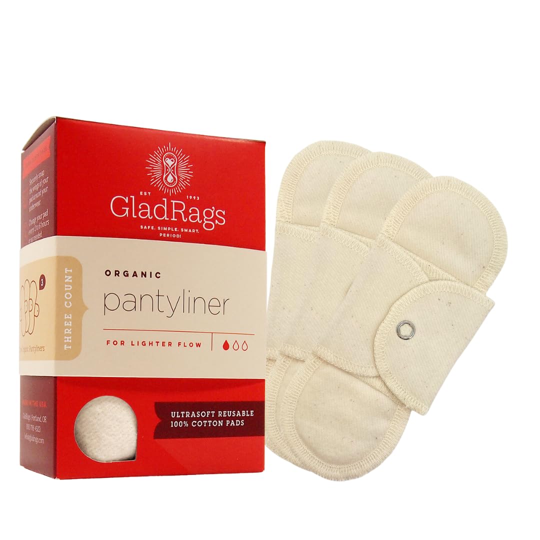 GladRags Natural Organic Undyed Cotton Reusable Pantyliner (3-Pack) - 100% GOTS Certified Organic Menstrual Pad, Washable Pantyl