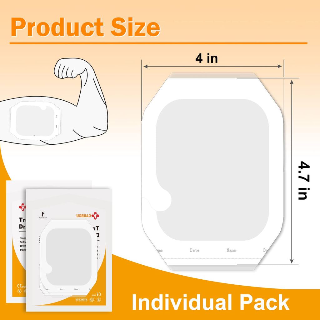 Carbou Transparent Film Dressing,4 x 4.75 Pack of 50 Waterproof Wound Bandage Adhesive Patches,Post Surgical Shower or IV Shield