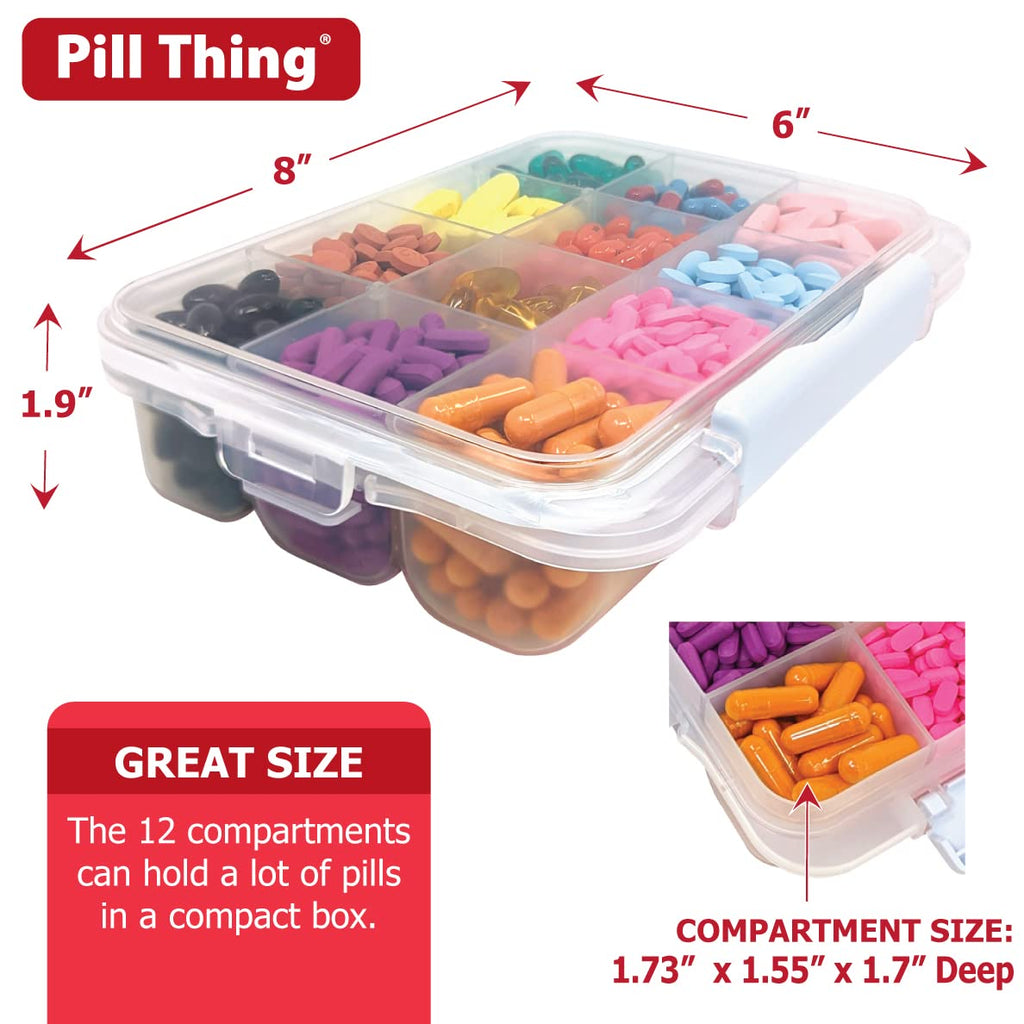 12 Compartment Large Pill Case with Airtight Seal - Silicone Gasket Waterproof Med Box with Medication Map (12 Compartment, 1 Pa