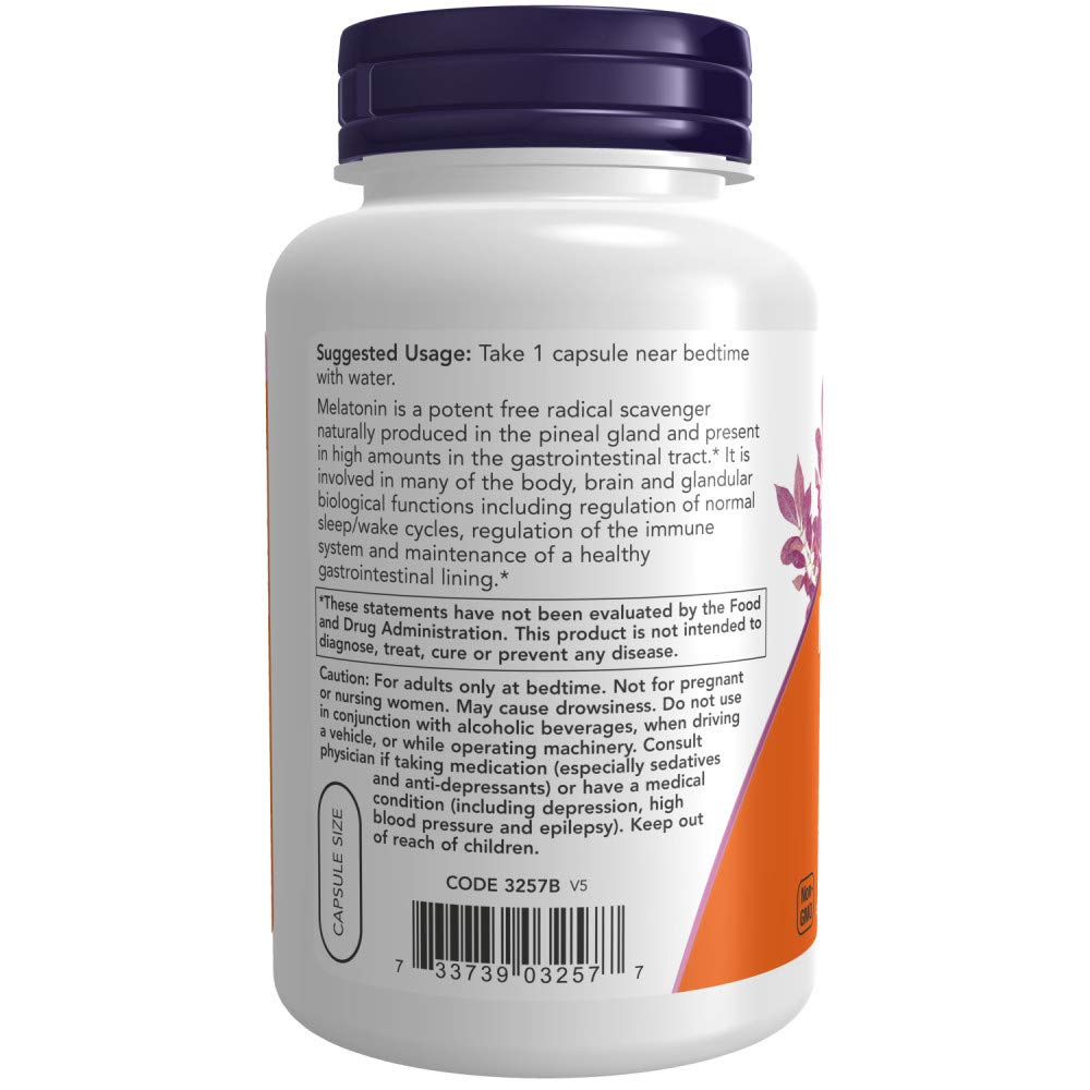 NOW Foods Supplements, Melatonin 3 mg, Free Radical Scavenger*, Healthy Sleep Cycle*, 180 Veg Capsules