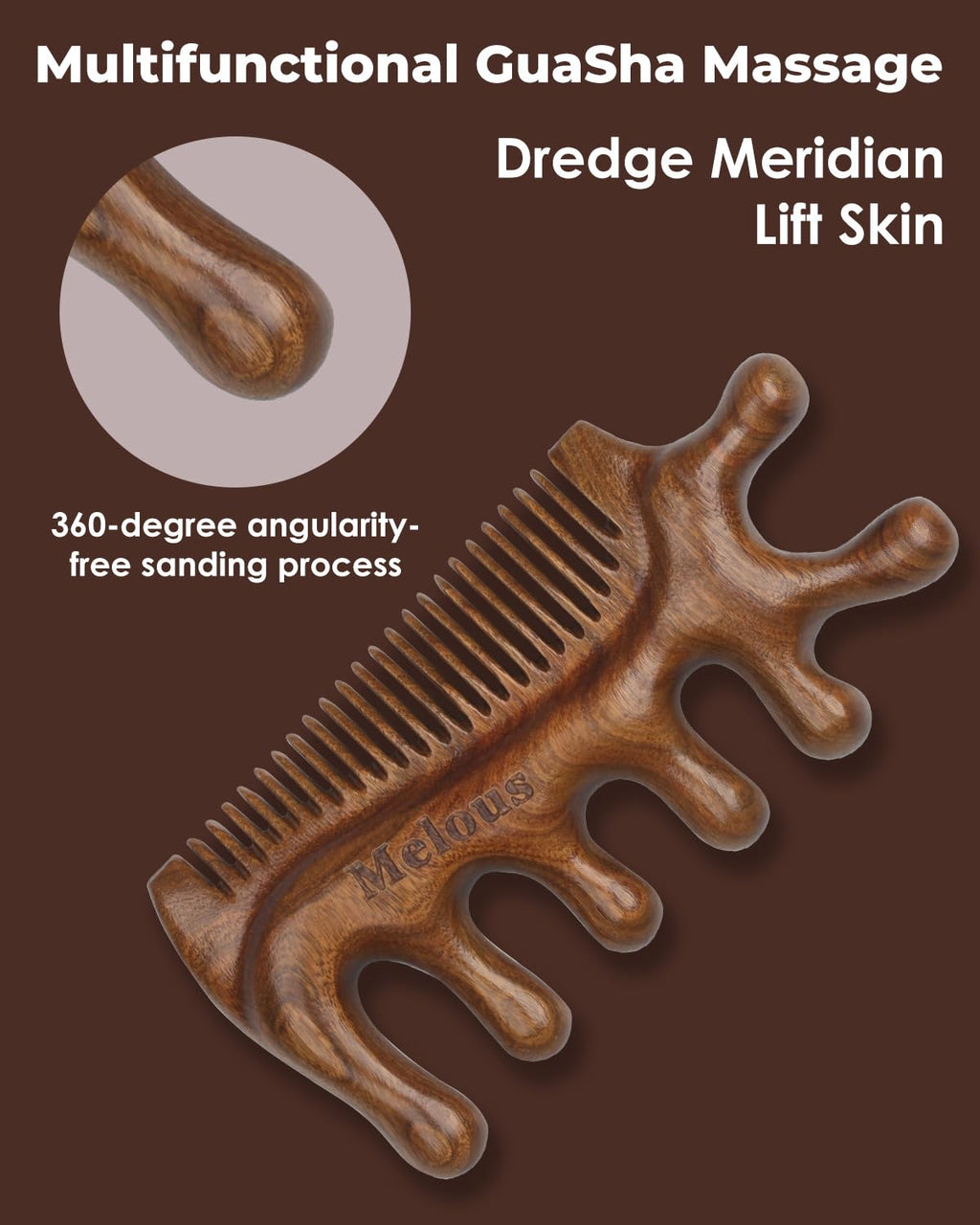 Melous 4 in 1 Sandalwood Gua Sha Massager, Scraping Massage Comb, Meridians Tool for Hair, Face, Eye Neck Body Massage