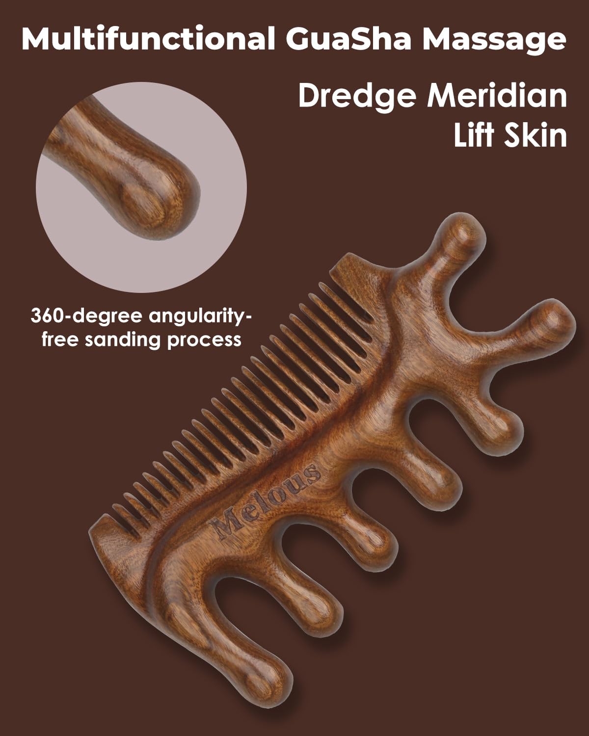 Melous 4 in 1 Sandalwood Gua Sha Massager, Scraping Massage Comb, Meridians Tool for Hair, Face, Eye Neck Body Massage