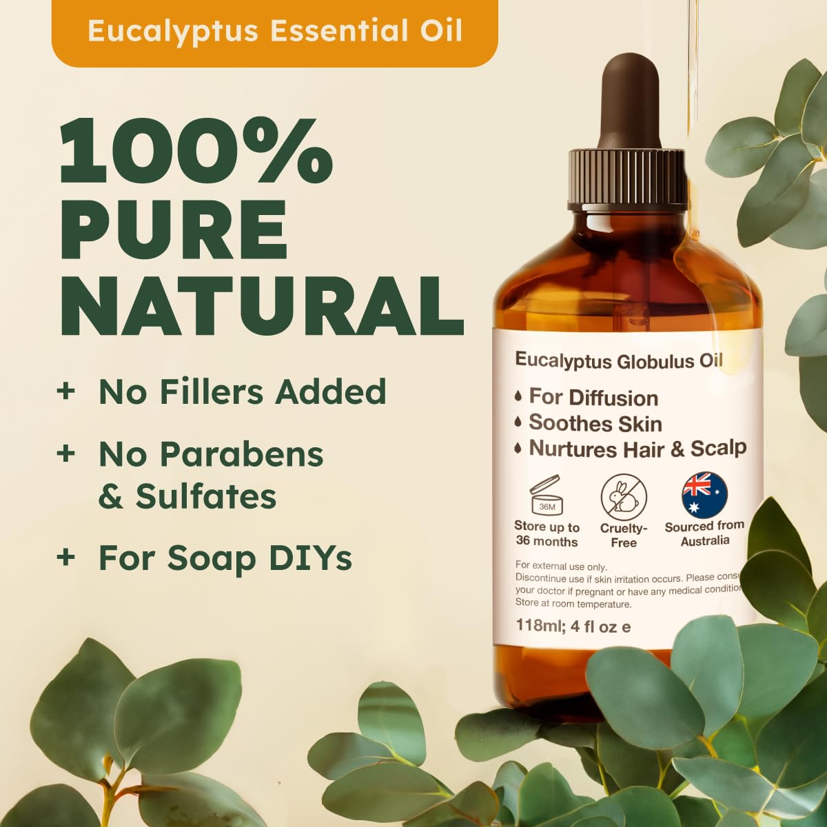 KUKKA essential oils 100% Pure & Natural Eucalyptus Essential Oil for Diffuser, Humidifier, Skin, Hair & Soap Making DIY(4 Fl Oz
