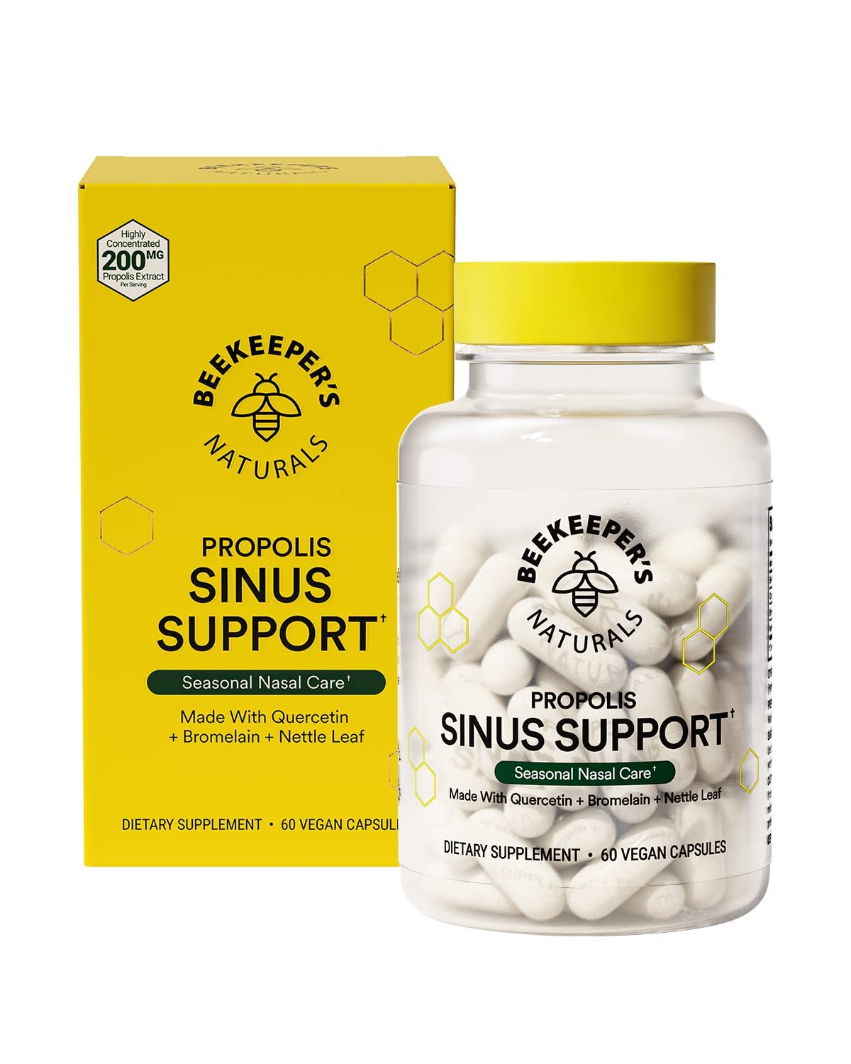 Beekeepers Naturals All Natural Sinus Support for Adults, Seasonal Nasal Care Relief with Propolis, Quercetin, Bromelain, Nettl
