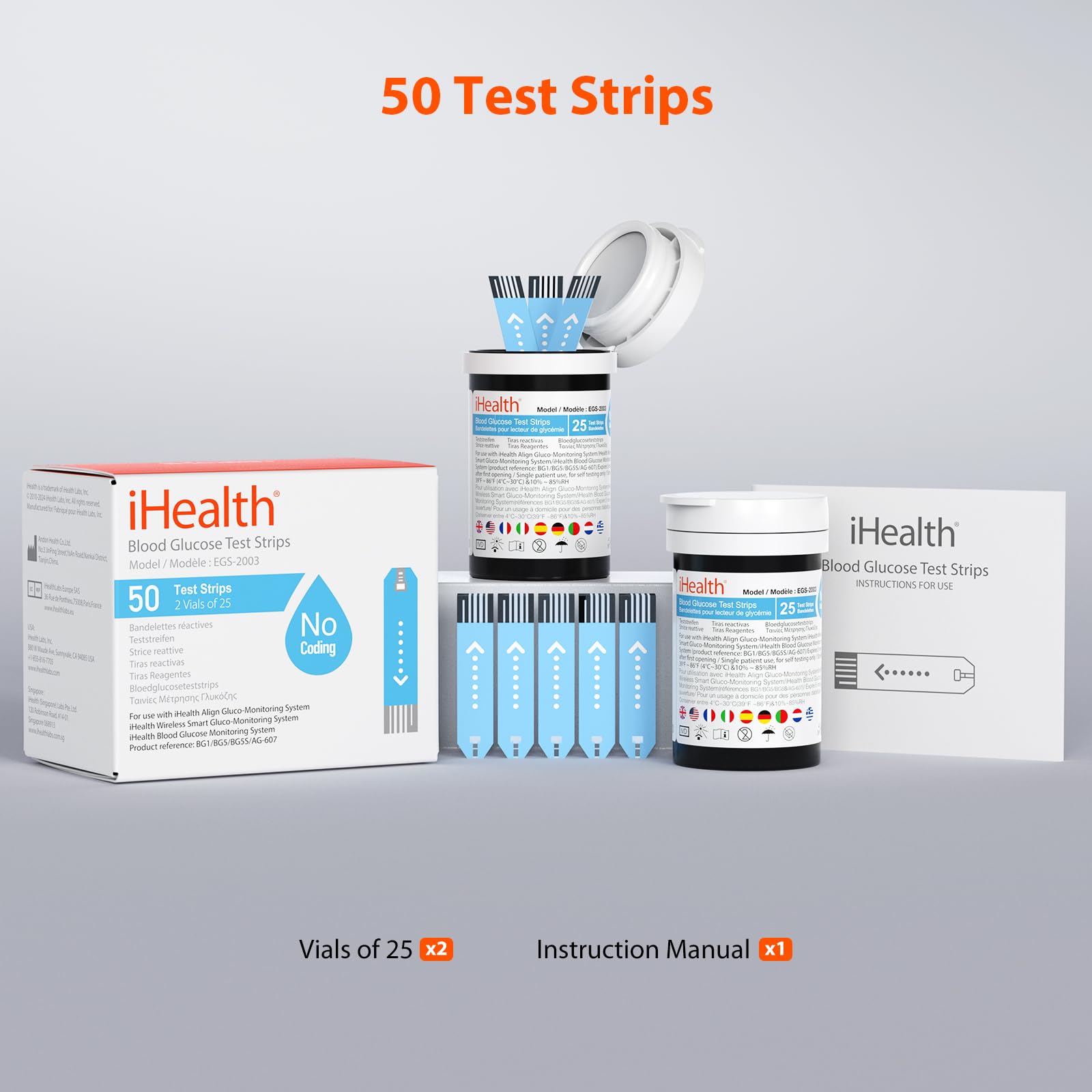 iHealth Blood Glucose Test Strips (50 Count), No Coding Blood Sugar Test, Eligible for FSA Reimbursement, Precision Sugar Measur