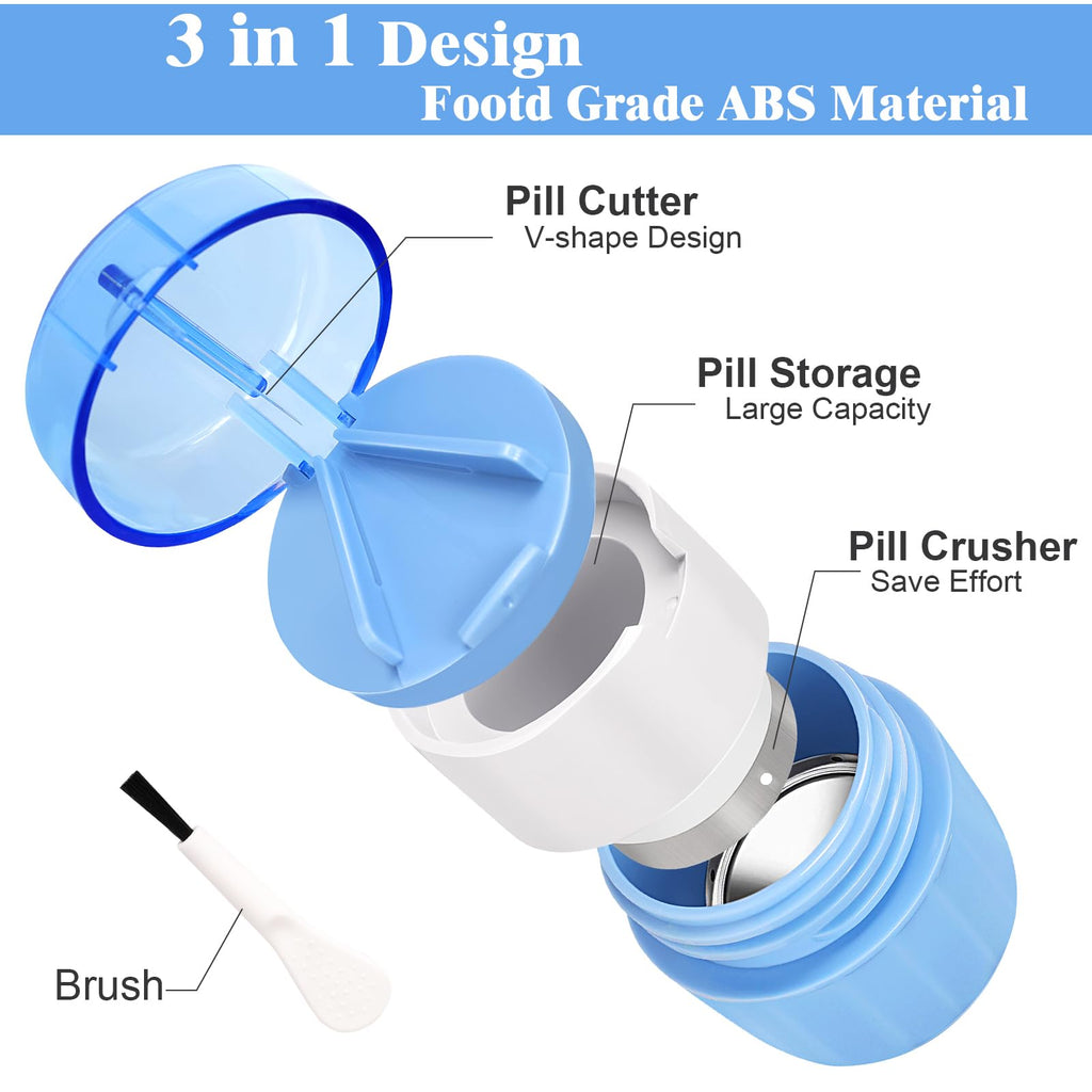 3-in-1 Pill Crusher Cutter with Storage Box, Pill Grinder with Brush Small Bags, PillCrusher Fine Powder with Stainless Steel Gr