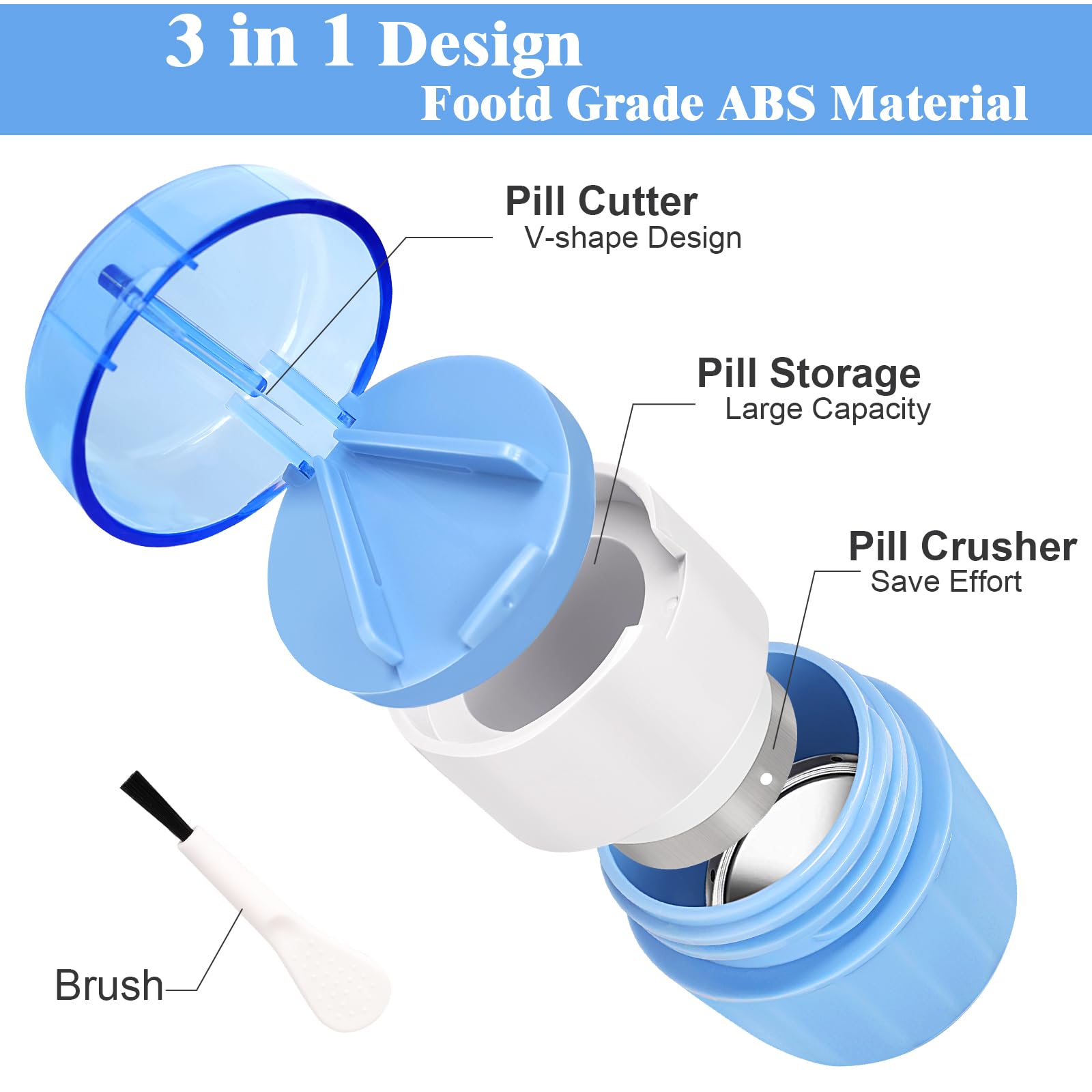 3-in-1 Pill Crusher Cutter with Storage Box, Pill Grinder with Brush Small Bags, PillCrusher Fine Powder with Stainless Steel Gr