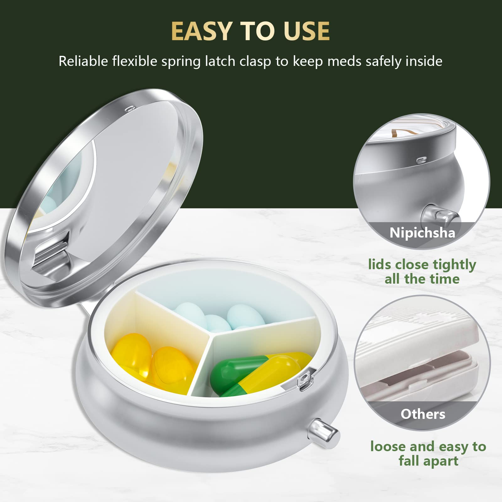 3 Pack Pill Box, Small Pill Case for Purse & Pocket, Cute Travel Medicine Organizer, Portable Medicine Container Holder to Hold