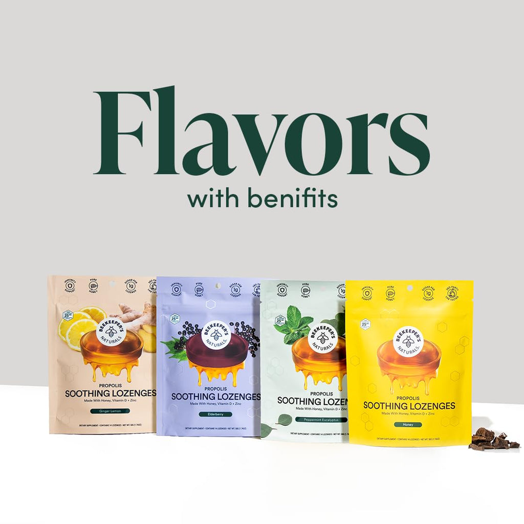 Beekeepers Naturals Soothing Honey Ginger Lemon Cough Drops - Immune Support with Vitamin D, Zinc and Propolis Throat Soothing