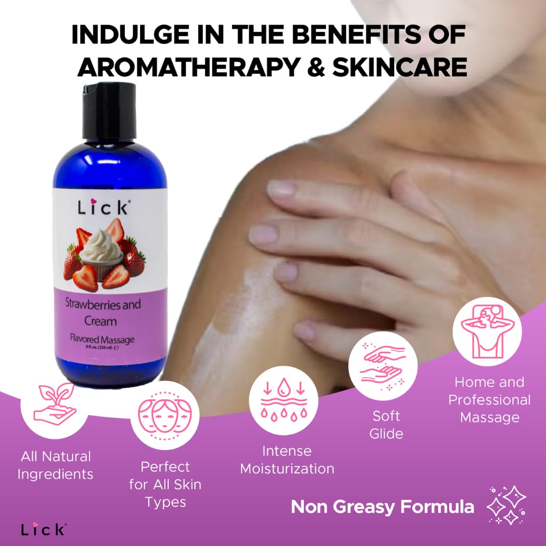 Lick Strawberries and Cream Flavored Massage Oil - 8 oz Edible Body Oil for Couples, Lightweight Formula for Glowing Skin