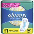 Always Ultra Thin Pads with Flexi-Wings, Size 1, Regular, Unscented, 62 CT