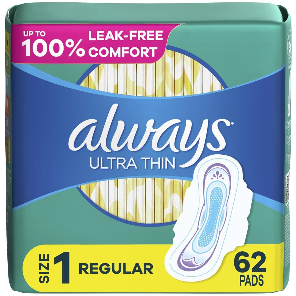 Always Ultra Thin Pads with Flexi-Wings, Size 1, Regular, Unscented, 62 CT