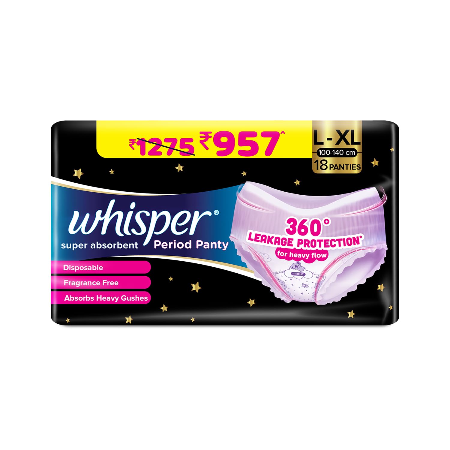 Whisper Super Absorbent Period Panty, 18 LXl Pants, 360 Degree Leakage Protection* For Heavy Flow, Panty Like Fit, Full Back Co