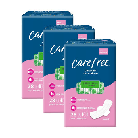Carefree Ultra Thin Pads for Women, Super/Long Pads With Wings, 84ct (3 Packs of 28ct) | Carefree Pads, Feminine Care, Period Pa