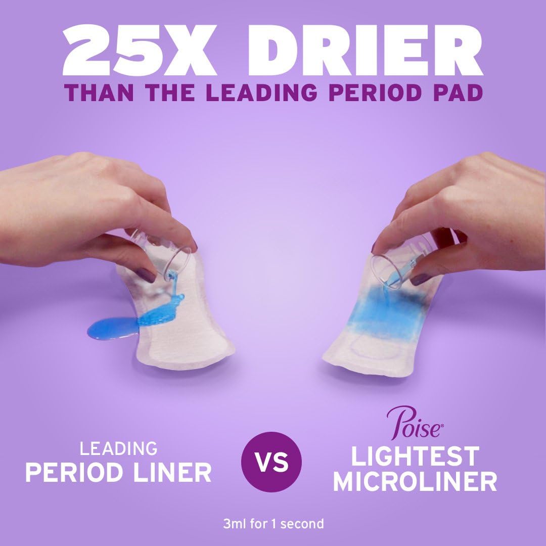 Poise Daily Microliners, Incontinence Panty Liners, 1 Drop Lightest Absorbency, Long Length, 50 Count of Pantiliners