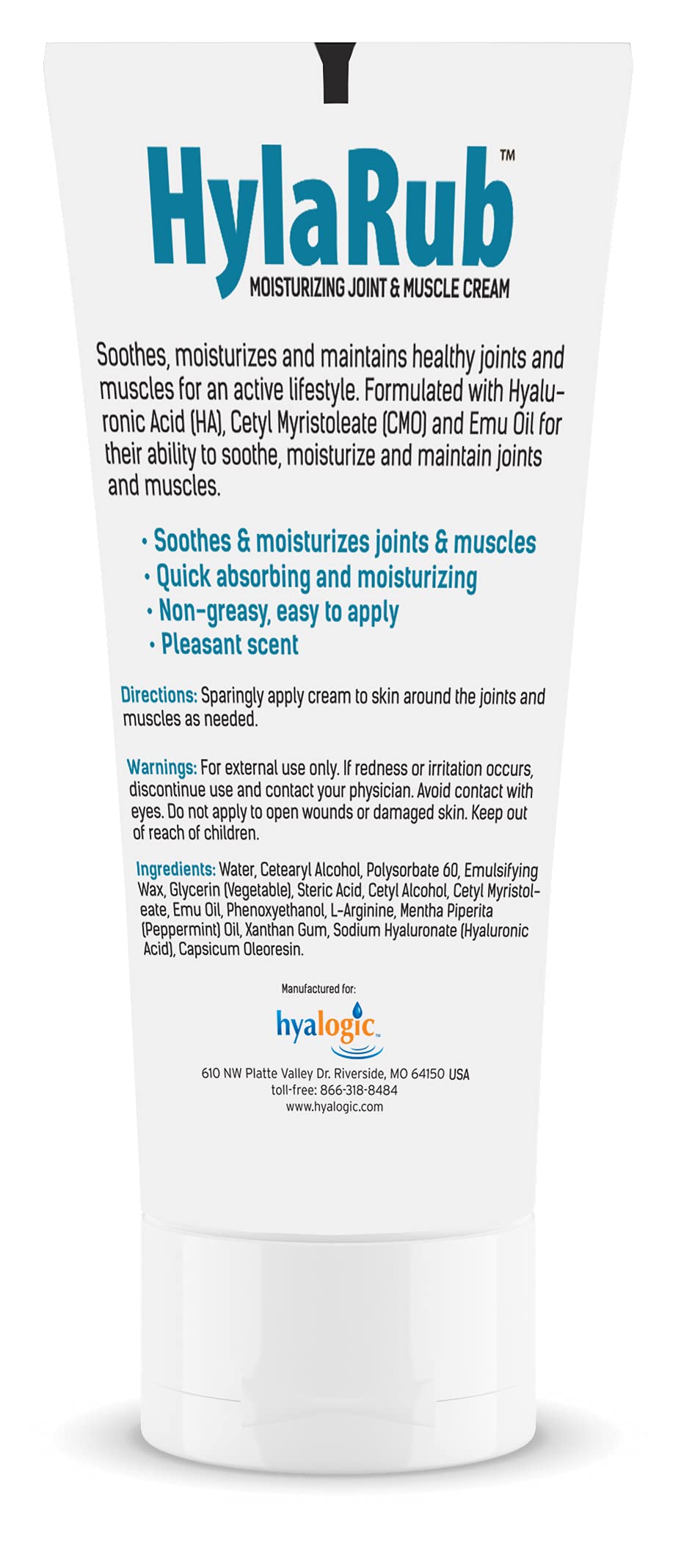HylaRub HA Joint & Muscle Cream - Hyaluronic Acid Muscle Rub w/ Emu Oil & CMO - Non Greasy, Soothes, Moisturizes & Maintains Sho