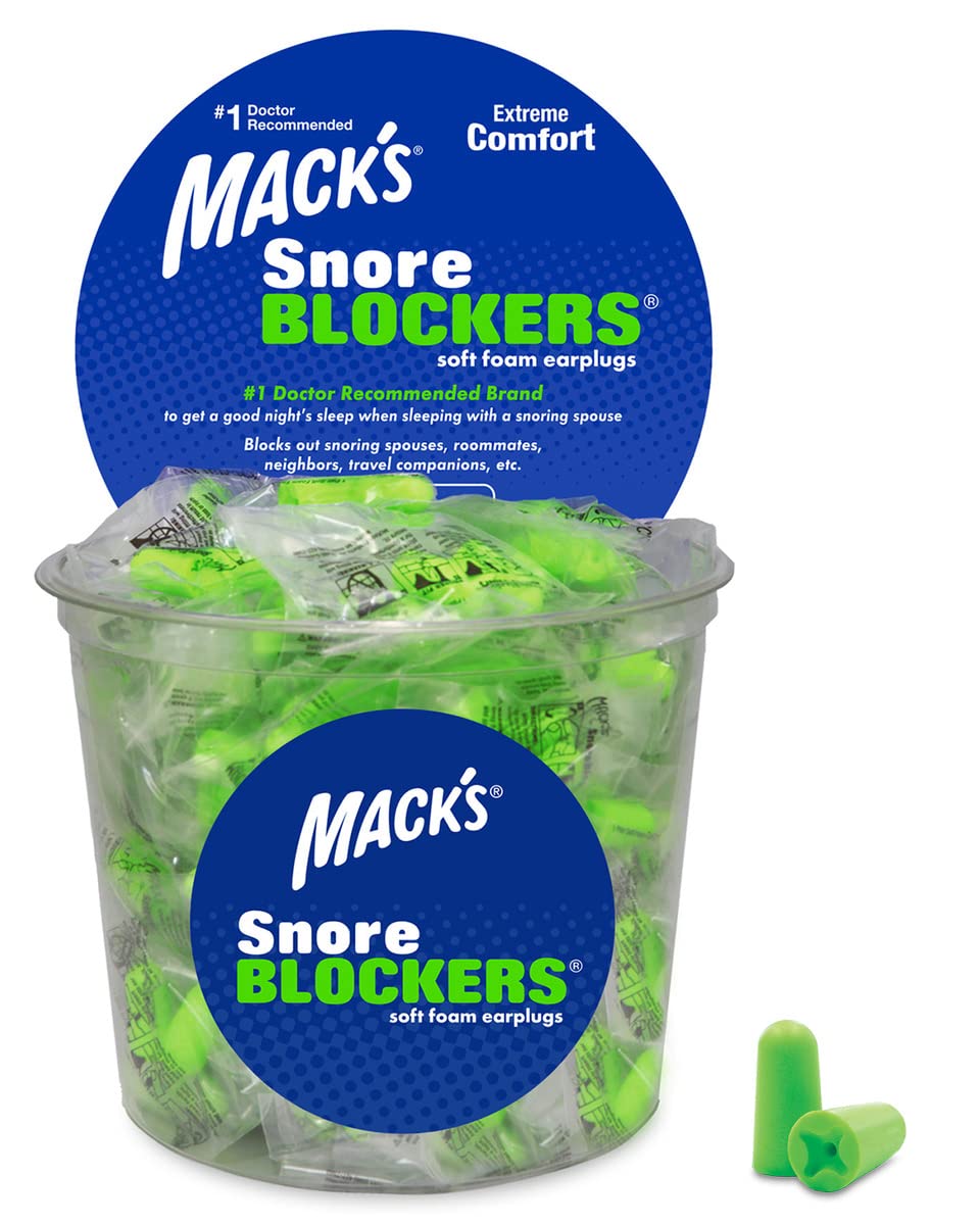 Macks Snore Blockers Soft Foam Earplugs, 100 Pair Tub - Individually Wrapped - 32 dB High NRR, 37 dB SNR - Comfortable Ear Plug
