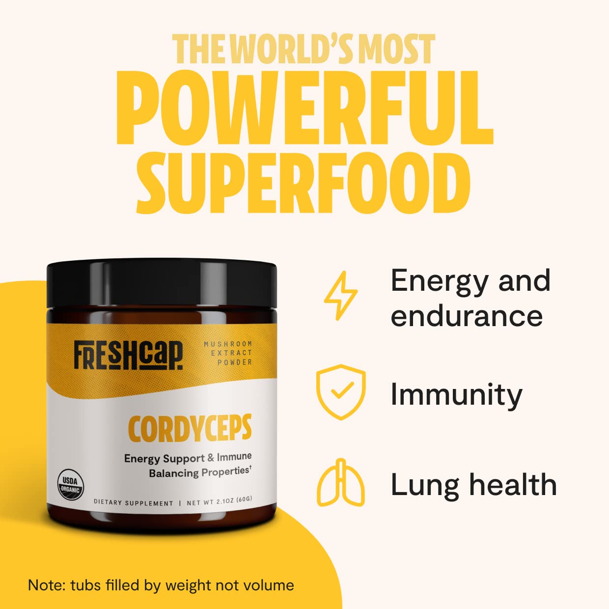 FreshCap Organic Cordyceps Mushroom Extract Powder Supplement - Ayurveda For Energy, Exercise Performance & Endurance - Vegan, P
