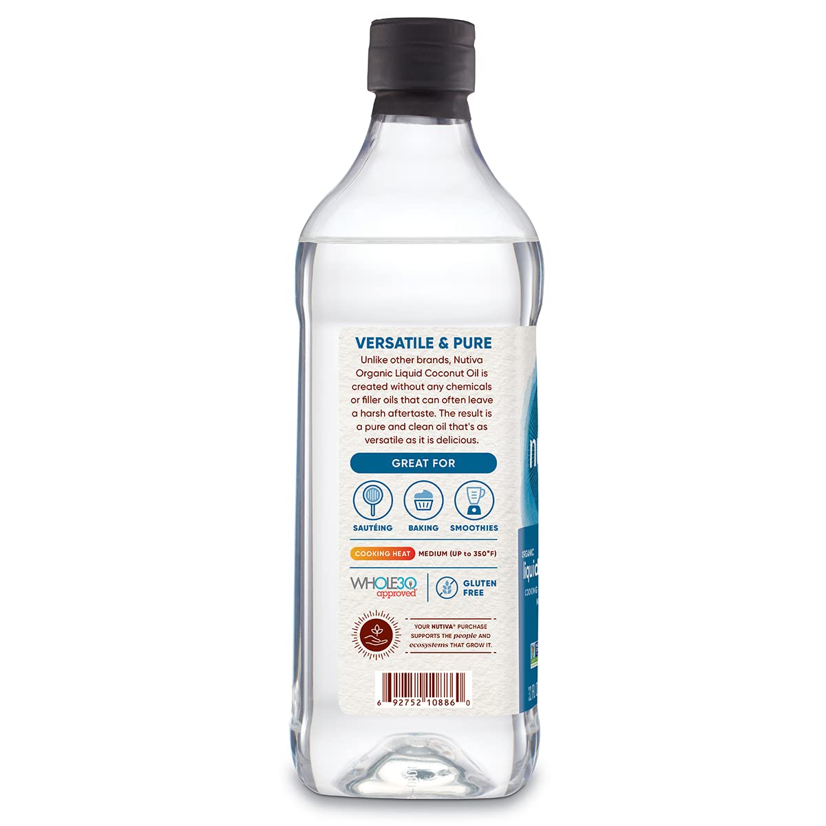 Nutiva Organic Liquid Fractionated Coconut Oil 32 Fl Oz - USDA Organic, Non-GMO. Edible, Pure Coconut Oil for Cooking, Moisturiz