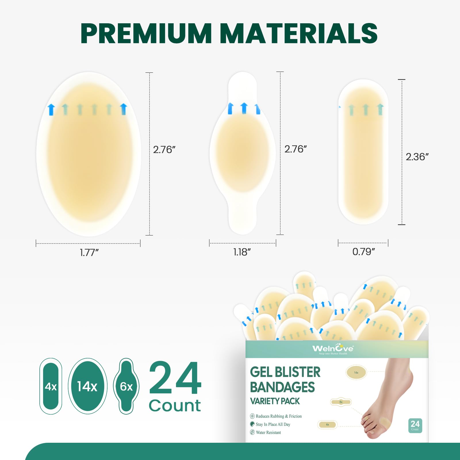 Welnove Gel Blister Bandage - 24 PCS Hydrocolloid Bandages for Prevention & Recovery, Blister Cushions for Heel, Toes & Foot, Bl