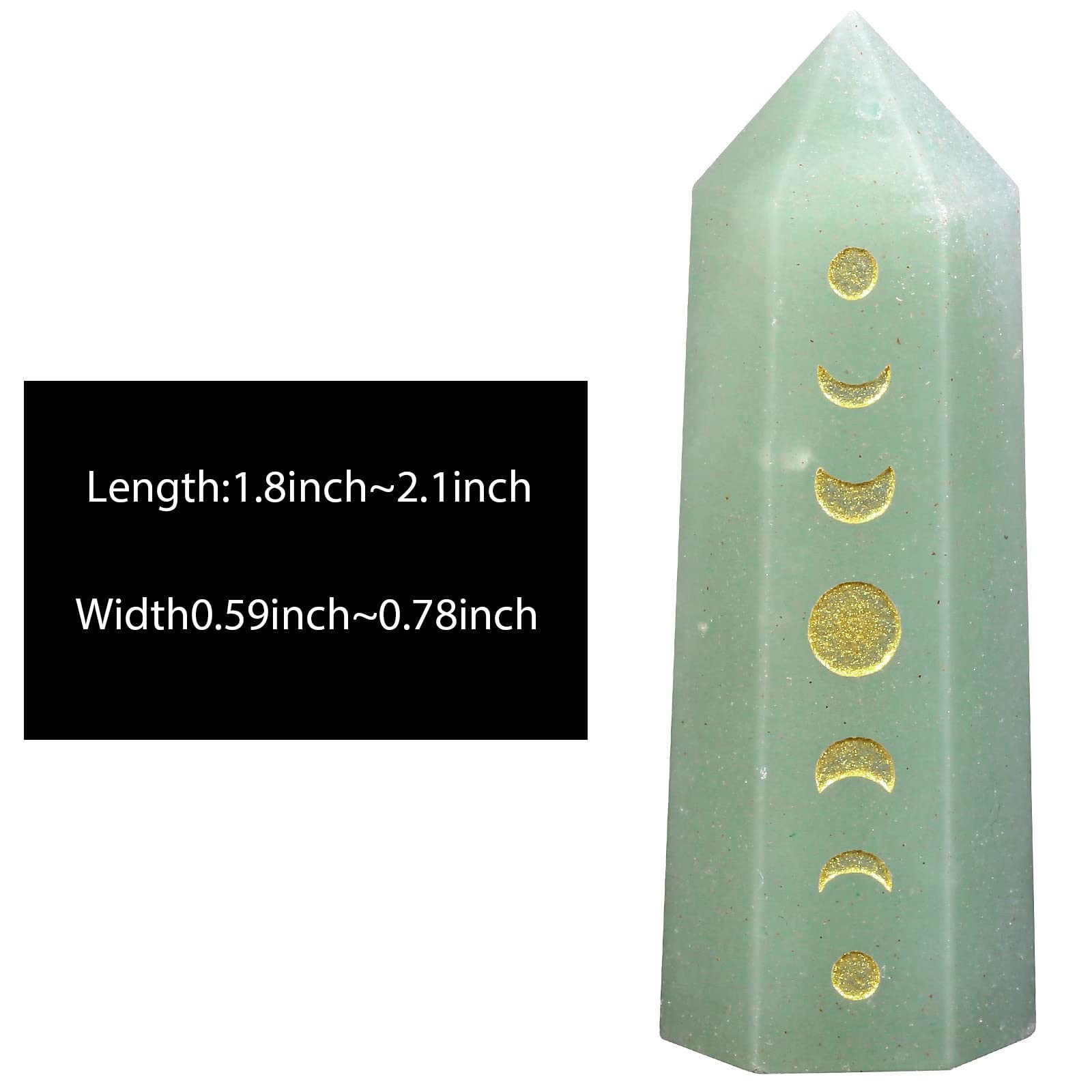 Amogeeli Wicca Moon Phase Green Aventurine Stone Point Wand for Reiki Meditation, 6 Faceted Prism Healing Stone Decoration for H