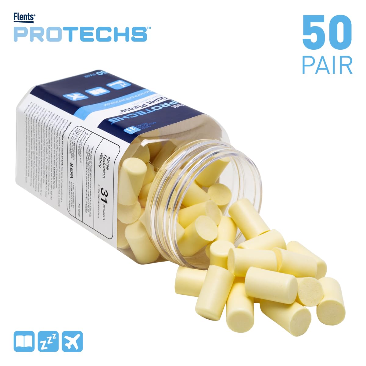 Flents Foam Ear Plugs, 50 Pair for Sleeping, Snoring, Loud Noise, Traveling, Concerts, Construction, & Studying, Contour to Ears