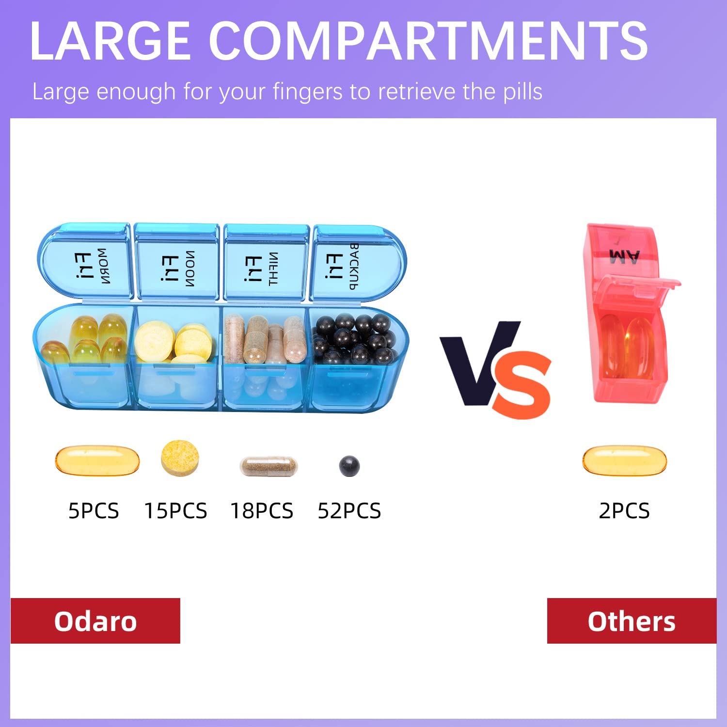 Odaro Weekly Pill Organizer 4 Times a Day, Daily Pill Box 7 Day, Large Travel Pill Case with 28 Compartment to Hold Medicine, Vi