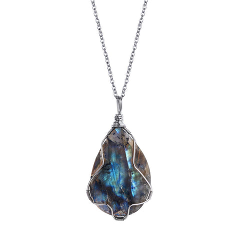 KISSPAT Labradorite Necklace Wire Wrap Pendant Healing Gemstone Palm Stone Moonstone Healing Stone Pendant Necklace for Men Wome