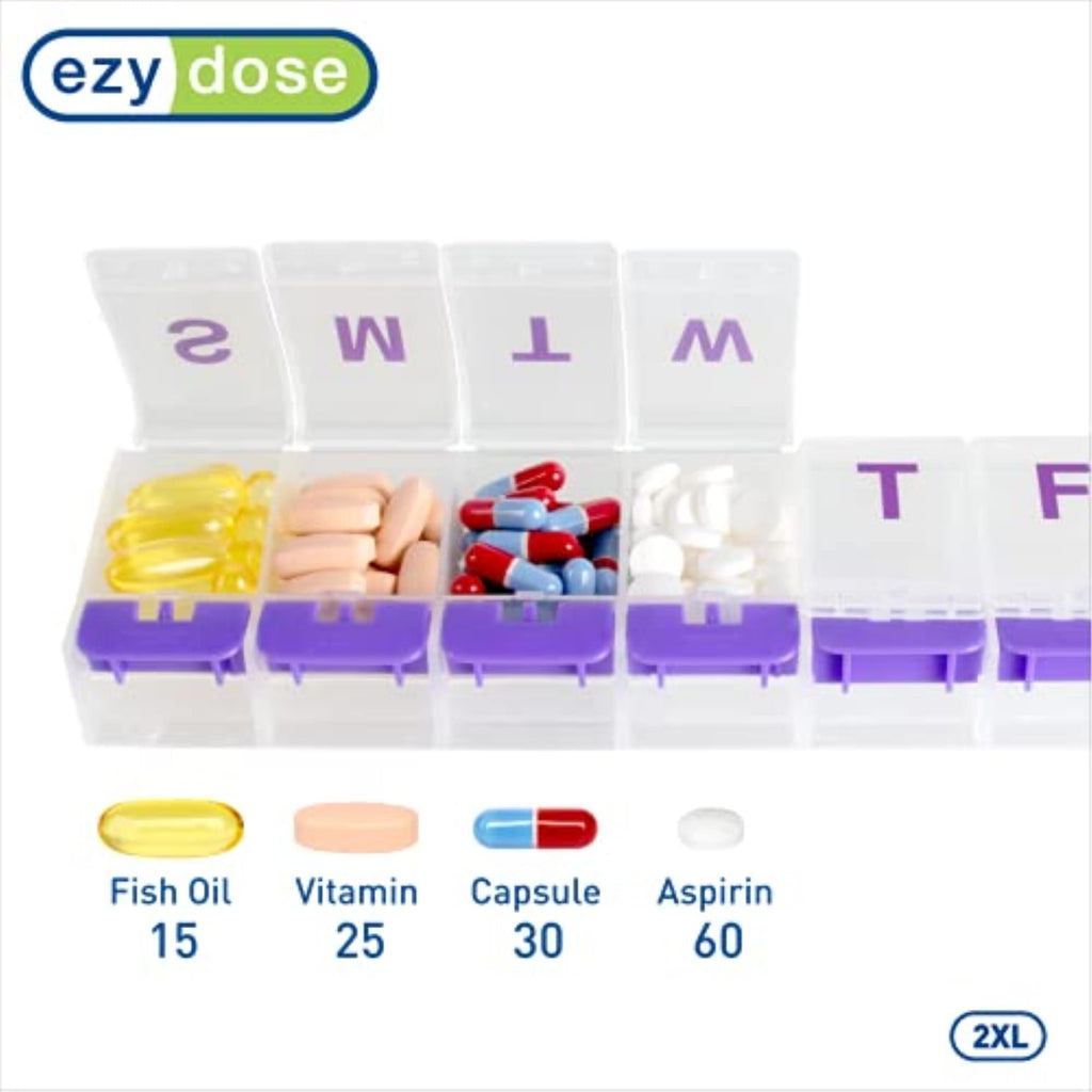 EZY DOSE Weekly (7-Day) Pill Case, Medicine Planner, Vitamin Organizer Box, 2X-Large Push-Button Compartments, Color May Vary, B