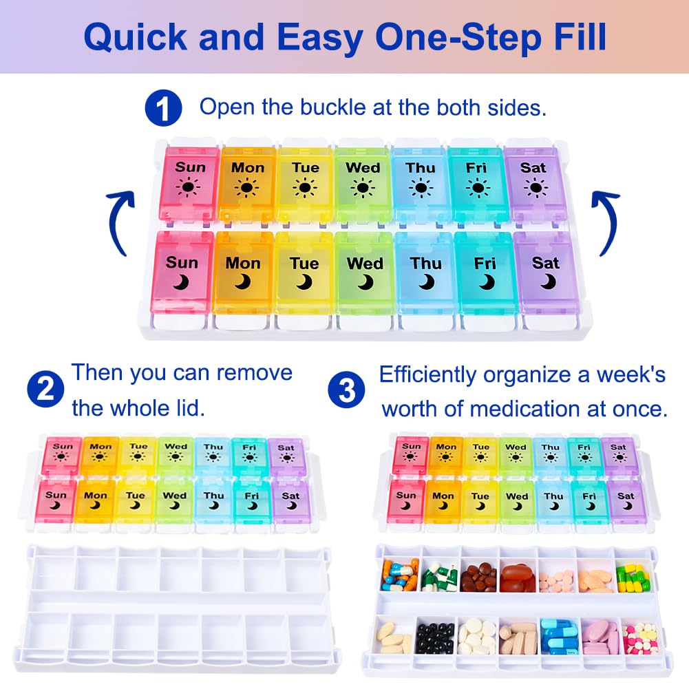 HRX Package Medicine Pill Boxes 7 Day AM/PM, Easy Fill & Open Medication Organizer Vitamin Reminder Holder Day and Night