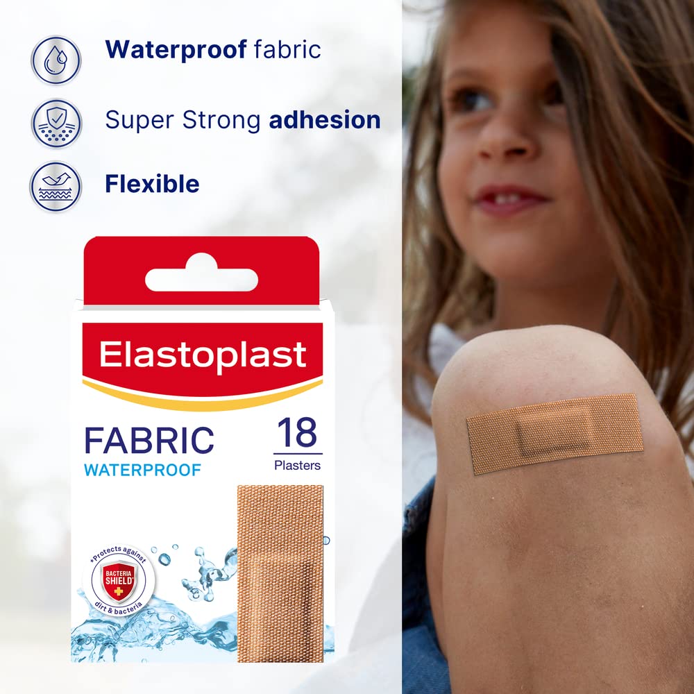 Elastoplast 18s Waterproof Fabric Plaster Strips (Pack of 10 = Total 180), Large Pack of Fabric Plasters, Breathable Plasters, P