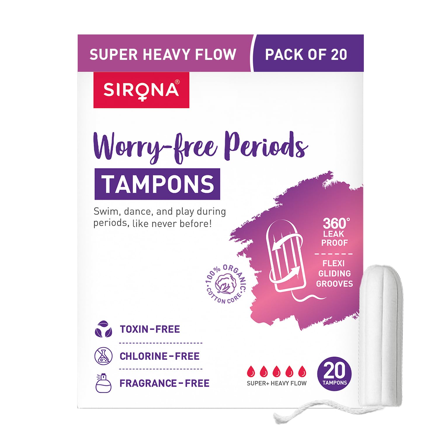 Sirona Fda Approved Natural Biodegradable Tampons  20 Pieces | Super Plus Heavy Flow | Made In Europe | Safe To Use | Highly Ab