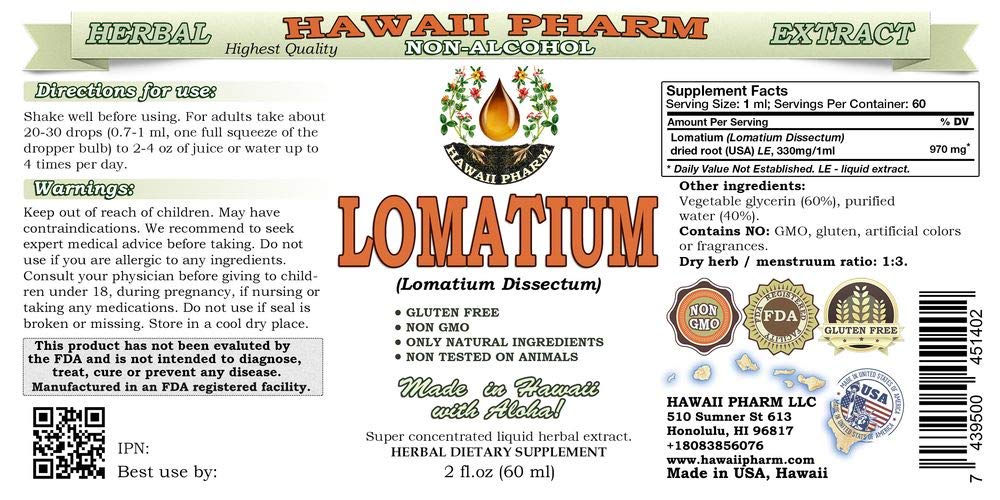 Lomatium Alcohol-Free Liquid Extract, Lomatium (Lomatium Dissectum) Dried Root Glycerite Hawaii Pharm Natural Herbal Supplement