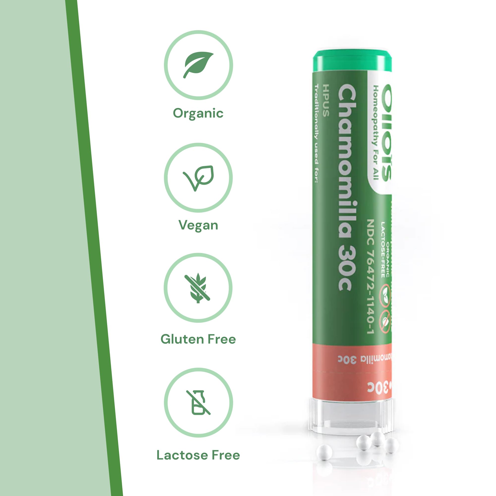OLLOIS Chamomilla 30c Organic, Lactose-Free Homeopathic Medicine, 80 Pellets (Pack of 1)