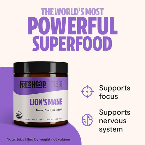 FreshCap Lions Mane Supplement Capsules - Ayurveda Premium Triple Extract USDA Organic - Third Party Tested - Whole Fruiting Bod