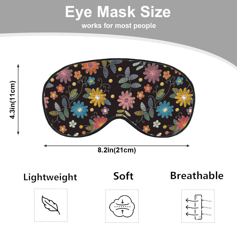 NOHSHE Embroidery Pattern Sleep Mask Eye Mask Beautiful Summer Flowers Leaves Black Sleep Mask Light Blocking Adjustable Smooth