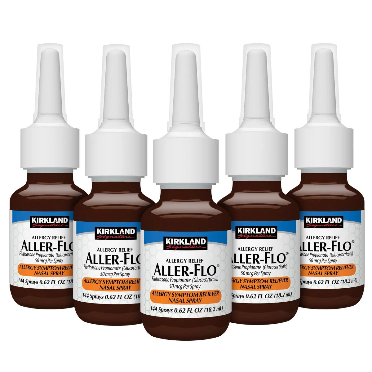 Kirkland Signature Aller-Flo Fluticasone Propionate (Glucorticoid) 5 Bottles x 144 Metered Sprays 0.62 Fl OZ per Bottle, 700 Tot