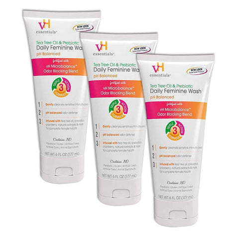 vH essentials Intimate Feminine Wash - pH Balanced with Tea Tree Oil, Cranberry, Prebiotics, Lavender, and Chamomile- 6 Fluid Ou