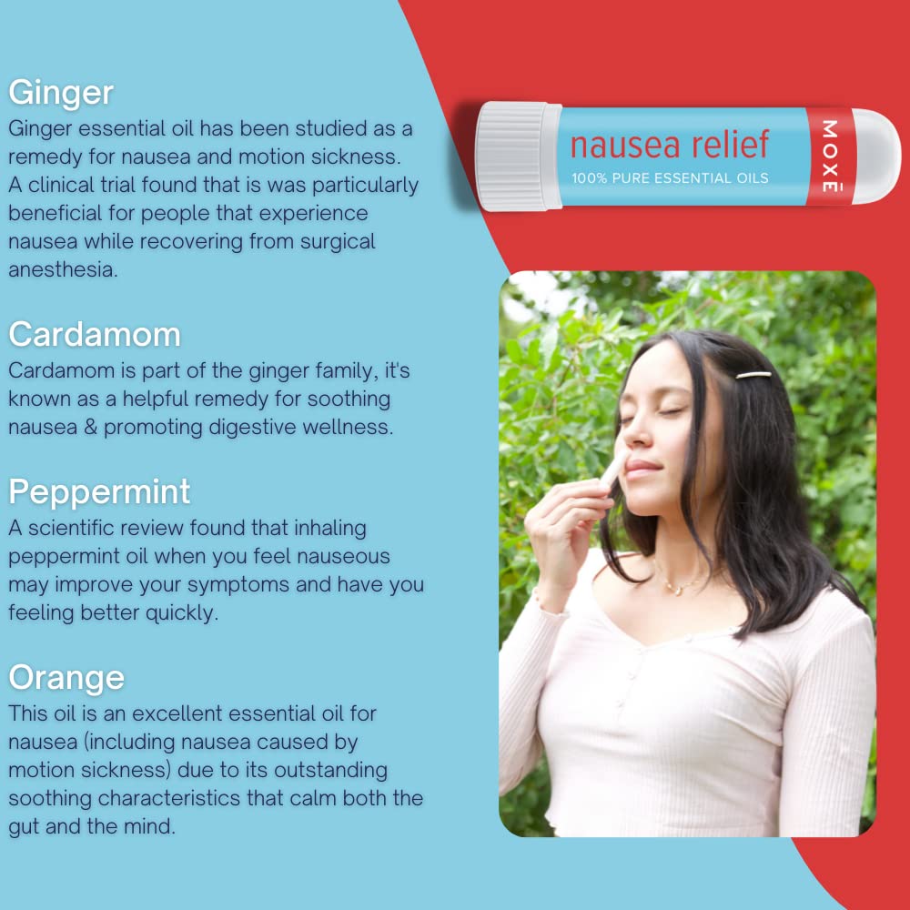 MOXE Nausea Nasal Inhaler Sticks, All Natural Essential Oil Blend, Ginger, Cardamom, Peppermint, Sweet Orange, Upset Stomach, He