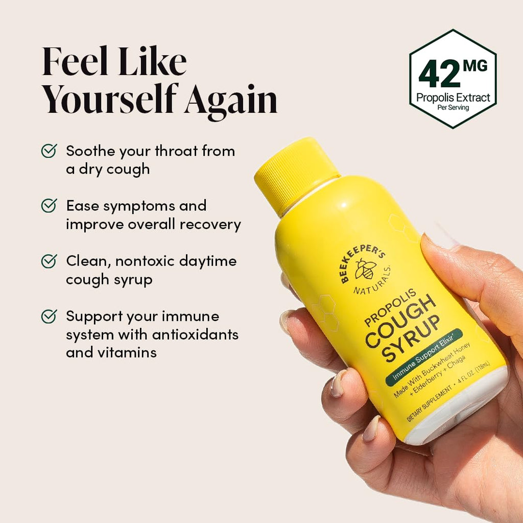 Beekeepers Naturals Propolis Honey Cough Syrup Daytime for Adults Elderberry, Bee Propolis, Buckwheat Honey - Immune Support &