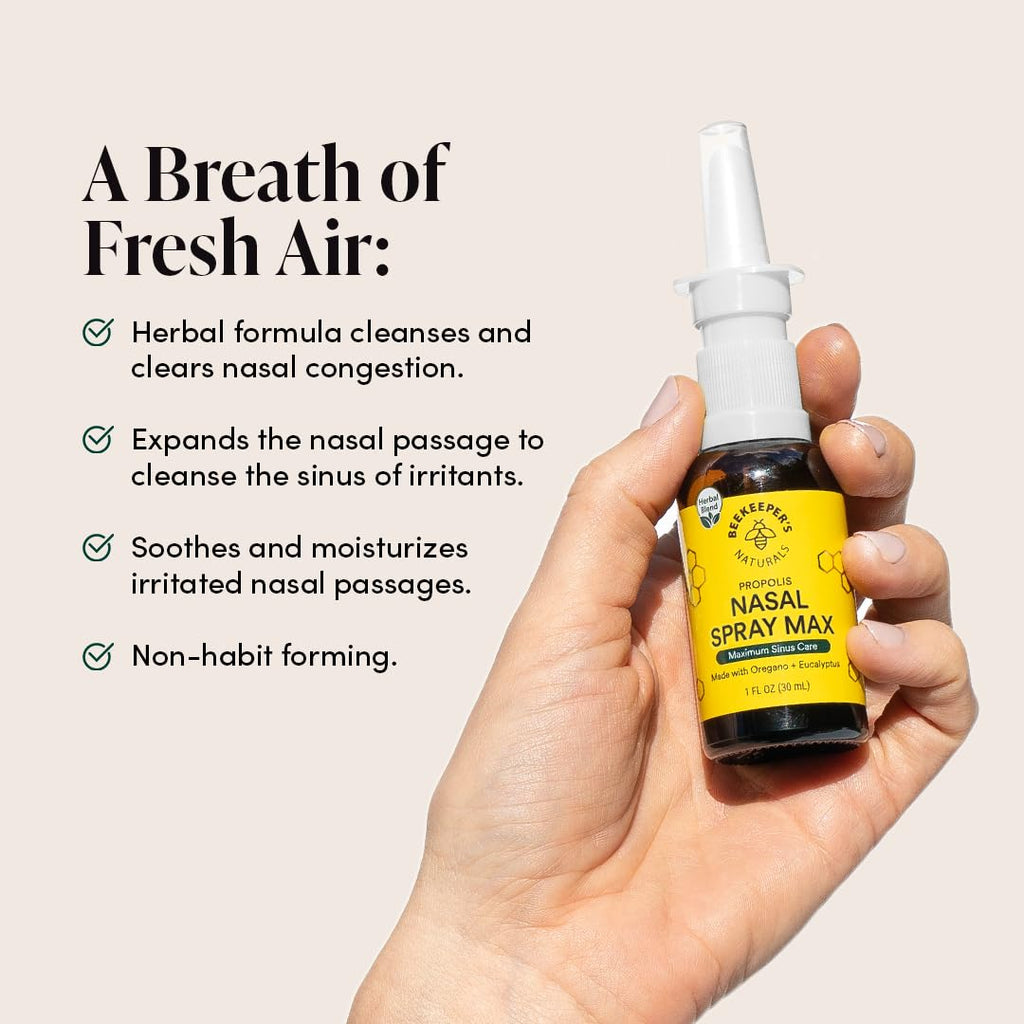 Beekeepers Naturals Propolis Nasal Rinse Spray Max, Relief for Adults w/Eucalyptus, Oregano & Saline, Clears Nasal Congestion,