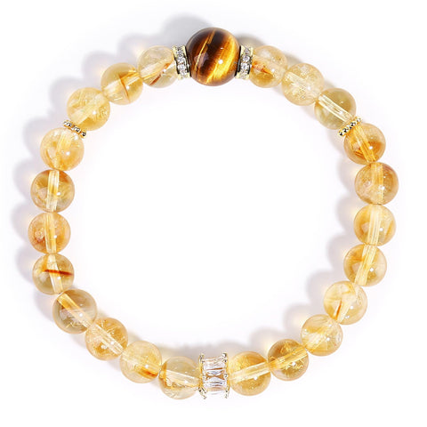 Magiriam Citrine Crystal & Tigers Eye Stretch Bracelet with Zircon Inlay | 17CM Comfortable Elastic Fit | Healing Gemstone Brace