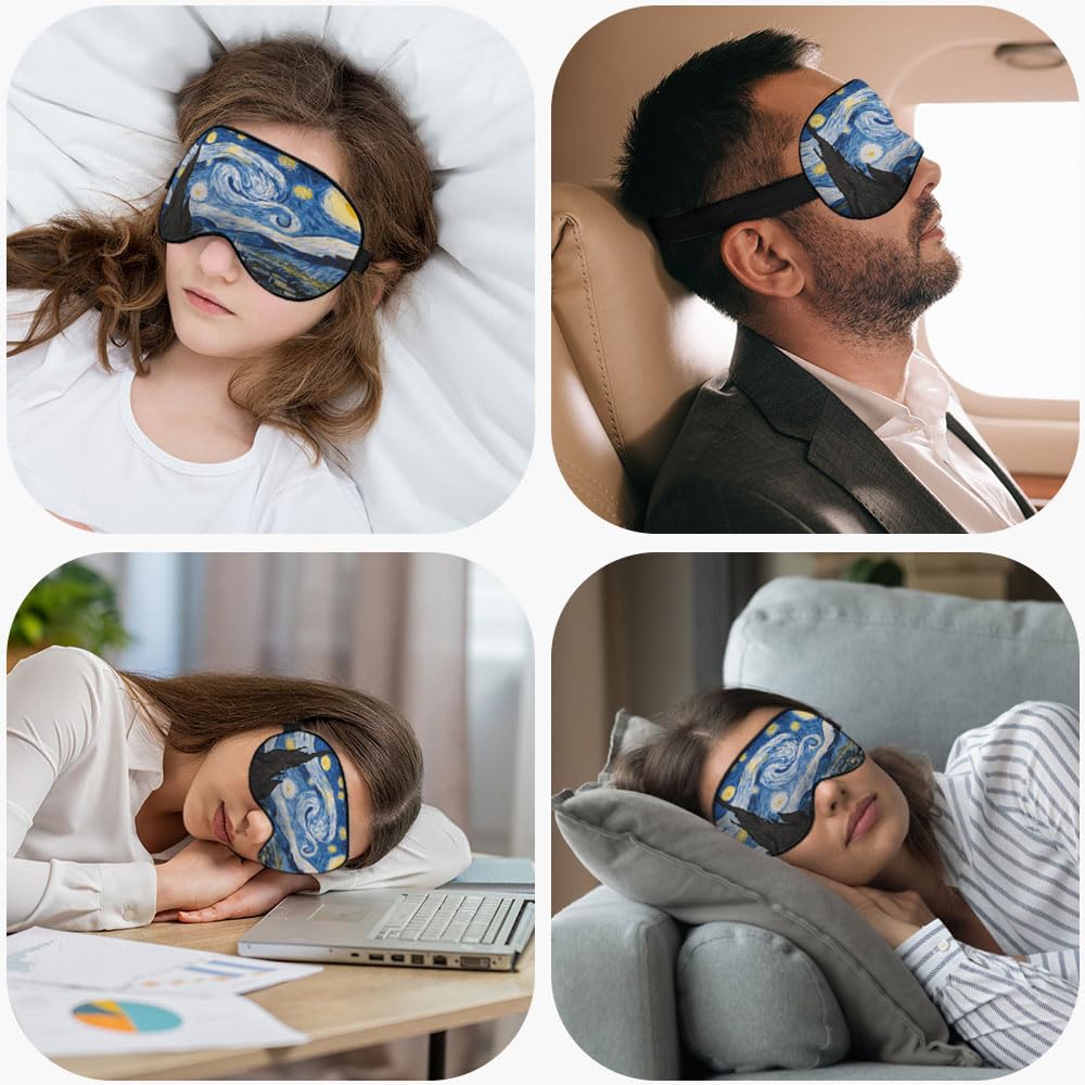 NOHSHE Starry Sky Sleep Eye Mask Eye Cover Van Gogh Night Sky Moon Tree Village Silk Eye Mask for Sleeping with Adjustable Strap