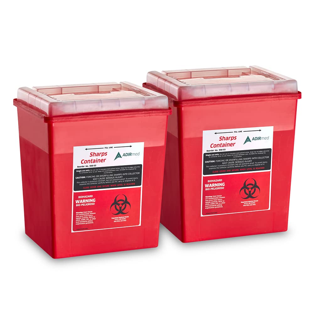 AdirMed Sharp Needle Disposal Container for Home, Clinic, Office, Barber Use with Flip Open Lid (8 Quart -2 Pack)