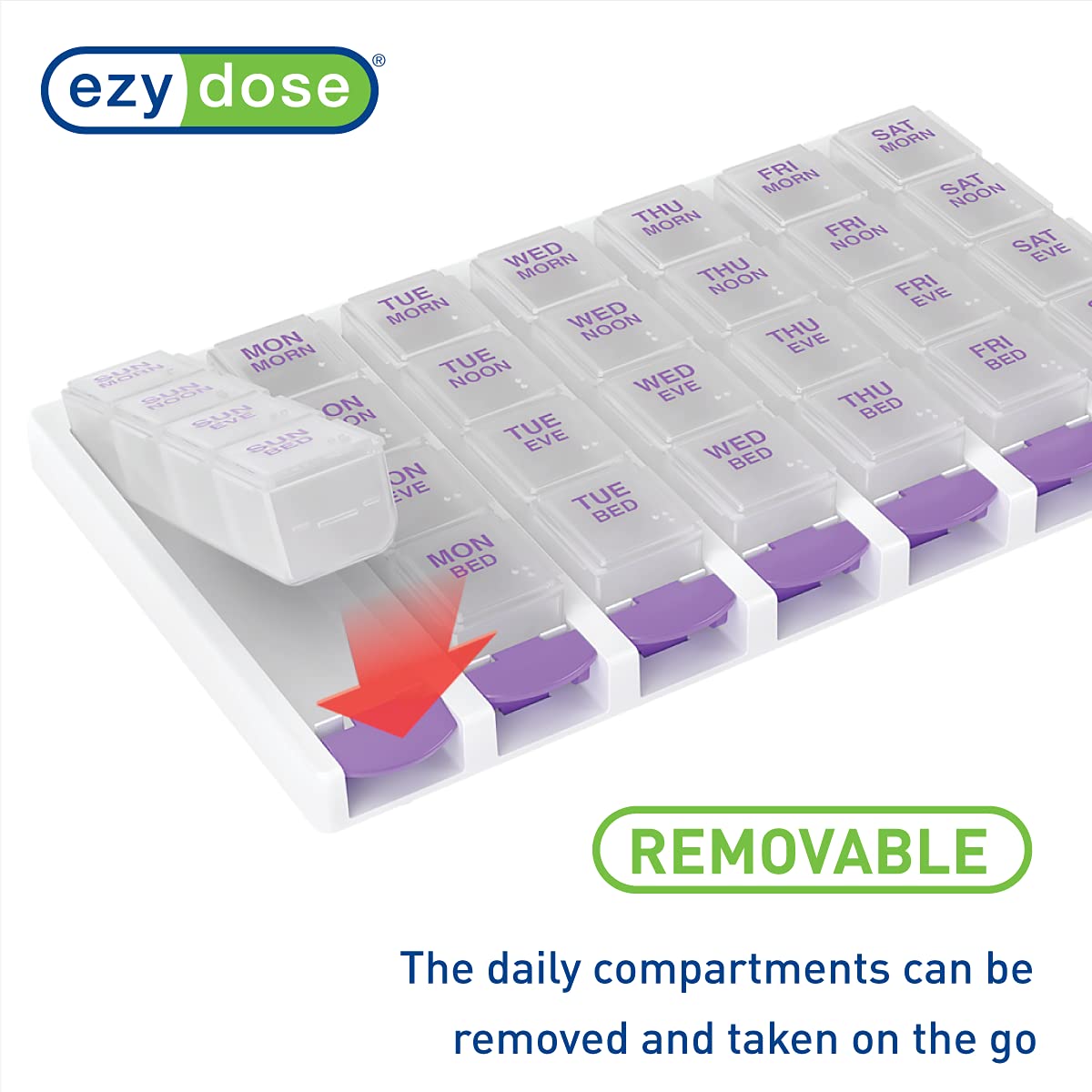 EZY DOSE Weekly (7 Day) 4 Times a Day Push Button Pill Organizer and Vitamin Planner, Removable Daily Pillboxes, Purple, Clear L