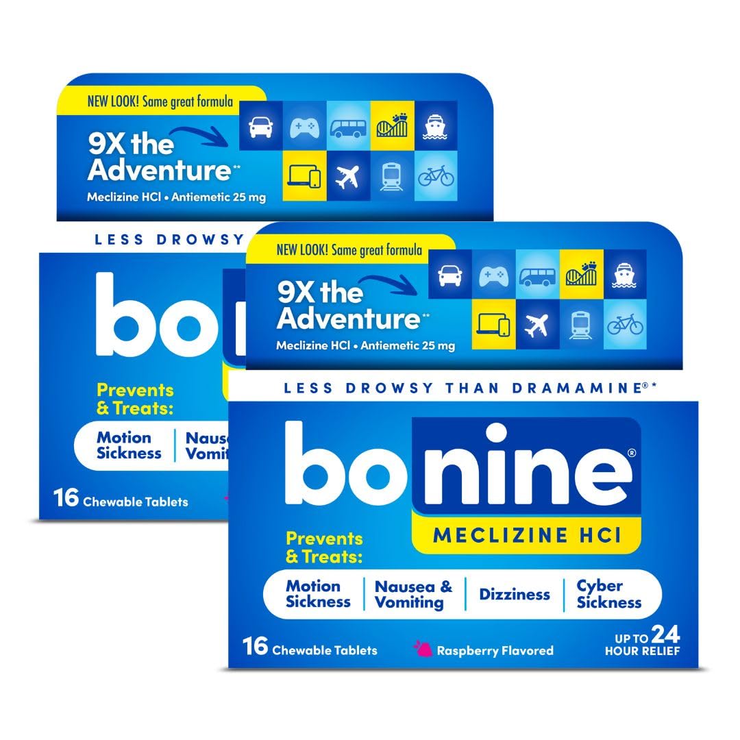 Bonine Non-Drowsy Motion Sickness Relief - 32 Chewable Tablets with Meclizine HCL 25mg - Non Drowsy Medicine for Nausea or Motio